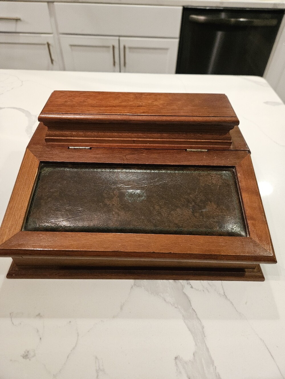 French Wooden Box Brown Velvet Interior  Jewelry Storage Box